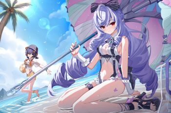 2girls absurdres aichinaigai ball beachball belle_(summer_skies)_(zenless_zone_zero) belle_(zenless_zone_zero) bikini bird black_bow black_hat black_shoes blue_hair blue_sky blush bow breasts cleavage cleavage_cutout closed_mouth clothing_cutout cloud drill_hair grey_hair hair_bow hair_ornament hat heart heart_cutout heart_o-ring high_heel_sandals highres holding holding_ball holding_umbrella letter_hair_ornament long_hair looking_at_viewer medium_breasts multicolored_hair multiple_girls nail_polish navel o-ring o-ring_thigh_strap official_alternate_costume one-piece_swimsuit open_mouth orange_bikini orange_shorts outdoors palm_tree pointy_ears purple_hair purple_nails sandals seagull see-through_clothes see-through_shirt shirt shoes shorts sky smile streaked_hair sun swimsuit thigh_strap toenail_polish toenails tree twin_drills umbrella very_long_hair vivian_banshee vivian_banshee_(iris_of_the_shore) wading water white_one-piece_swimsuit white_shirt zenless_zone_zero