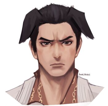 1boy animal_ears black_hair brown_eyes closed_mouth commentary cropped_shoulders dog_boy dog_ears english_commentary frown highres jacket kemonomimi_mode kiryu_kazuma kookirani looking_at_viewer male_focus open_clothes open_jacket print_shirt ryuu_ga_gotoku_(series) ryuu_ga_gotoku_0 shirt solo suit_jacket white_jacket