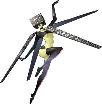 Rule 34 | 1girl, absurdres, artist request, black lips, box on head, breasts, choker, colored skin, green skin, highres, navel, official art, pandora (p5s), persona, persona (summon), persona 5, persona 5 scramble: the phantom strikers, solo, third-party source, transparent background, underboob