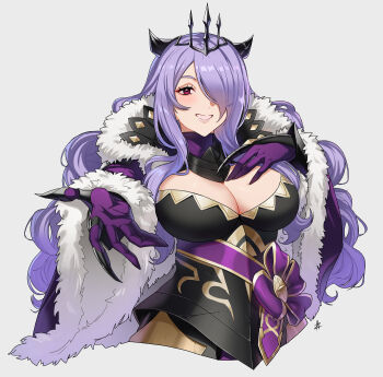 Rule 34 | 1girl, armor, black armor, black tiara, blush, breasts, camilla (fire emblem), camilla (light of nohr) (fire emblem), cape, cleavage, cloak, commission, crown, fire emblem, fire emblem fates, fire emblem heroes, fur-trimmed cape, fur cloak, fur trim, gloves, grin, hair ornament, hair over one eye, hand on own chest, highres, large breasts, long hair, looking at viewer, nintendo, official alternate costume, open mouth, pink eyes, purple eyes, purple hair, purple sash, reaching, reaching towards viewer, sash, simple background, smile, solo, tiara, very long hair, vgen commission, wavy hair, zedoraart