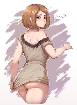 ... 1girl :t ass blue_eyes blush bottomless brown_hair commentary cropped_legs evomanaphy fire_emblem fire_emblem_heroes highres female_kiran_(fire_emblem) kiran_(fire_emblem) looking_back medium_hair nintendo parted_bangs pout solo spoken_ellipsis symbol-only_commentary thighs