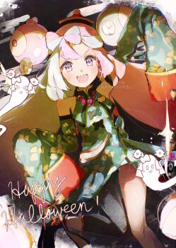 1girl absurdres anzu_(v0_0v_o0) bow-shaped_hair hair_ornament highres iono_(fall_2024)_(pokemon) iono_(pokemon) jiangshi jiangshi_costume long_hair multicolored_hair official_alternate_costume pink_hair pokemon pokemon_masters_ex smile teeth two-tone_hair