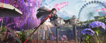 1girl absurdres black_hair black_jacket black_serafuku black_shirt black_shoes black_skirt black_socks blue_sky chinese_commentary chisa_(wuthering_waves) commentary_request day ferris_wheel hair_ribbon hand_up highres holding holding_sword holding_weapon jacket long_hair looking_to_the_side neckerchief rain_sama red_eyes red_neckerchief red_ribbon ribbon sailor_collar school_uniform serafuku shirt shoes skirt sky socks sword thigh_strap thighs weapon white_sailor_collar wind wuthering_waves