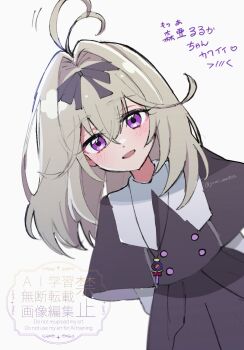 1girl antenna_hair black_dress blush capelet dress grey_hair hair_intakes highres long_hair looking_at_viewer meitantei_precure! moria_luluka open_mouth precure purple_eyes simple_background solo white_background yumi_san0112