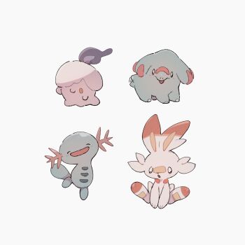 blush closed_eyes closed_mouth commentary_request gen_2_pokemon gen_5_pokemon gen_8_pokemon highres litwick nintendo no_humans nodori710 open_mouth phanpy pokemon pokemon_(creature) scorbunny simple_background sitting smile white_background wooper yellow_eyes