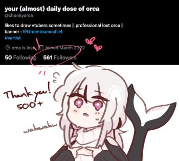 1girl artist_self-insert bare_shoulders black_hair blush_stickers cetacean_tail chibi chonkyorca cleavage_cutout clothing_cutout commentary english_commentary english_text fins fish_tail flying_sweatdrops grey_hair hands_up heart heart_cutout long_hair long_sleeves looking_at_viewer low_twintails milestone_celebration multicolored_hair orca_(chonkyorca) original puffy_long_sleeves puffy_sleeves purple_eyes shoulder_cutout sleeves_past_wrists solo streaked_hair sweater tail thank_you turtleneck turtleneck_sweater twintails twitter upper_body white_background white_sweater