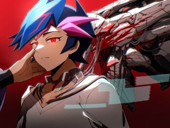1boy android arm_out_of_frame arms_at_sides atltax_00 black_sleeves blood blood_splatter blood_stain blue_hair cable cable_insertion collar colored_bangs electric_plug facing_to_the_side fujiki_yusaku hand_on_another&#039;s_cheek hand_on_another&#039;s_face highres holographic_interface looking_to_the_side male_focus mechanization metal_collar outstretched_arm red_background red_eyes shirt spiked_hair technology upper_body white_shirt yu-gi-oh! yu-gi-oh!_vrains