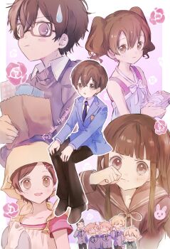 1girl 5boys blonde_hair blunt_bangs blush brown_hair character_name chibi commentary_request fujioka_haruhi glasses hair_between_eyes halterneck haninozuka_mitsukuni hano_luno headscarf highres hitachiin_hikaru hitachiin_kaoru long_hair multiple_boys multiple_views ootori_kyouya ouran_high_school_host_club ouran_high_school_uniform school_uniform short_hair siblings sidelocks smile suou_tamaki twins twintails