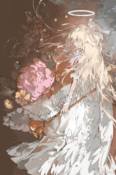 1girl blonde_hair brown_background brown_eyes chinese_commentary commentary_request dress flower from_side hair_ribbon halo highres holding holding_instrument horn_(instrument) instrument leaf long_hair original pink_flower ribbon short_sleeves solo vihua6 watermark weibo_watermark white_dress white_ribbon yellow_flower