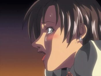 00s 1girl 2004 animated animated_gif anime_screenshot bent_over bible_black bible_black_new_testament black_hair earrings female_bank_teller_(shin_bible_black) green_eyes implied_futanari implied_sex jewelry lips lipstick long_hair makeup moaning shin_bible_black surprised tagme tears