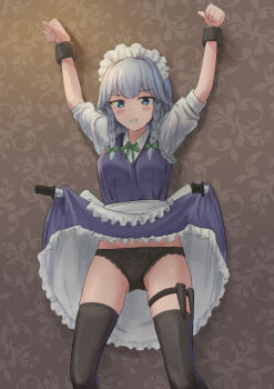 1girl apron arms_up black_panties black_thighhighs blue_eyes blue_hair bow braid breasts clothes_lift commentary_request commission dress green_bow green_ribbon grey_hair hair_bow highres izayoi_sakuya knife kubure maid maid_headdress medium_breasts neck_ribbon paid_reward_available panties parted_lips restrained ribbon short_sleeves skeb_commission solo thigh_sheath thighhighs touhou twin_braids underwear