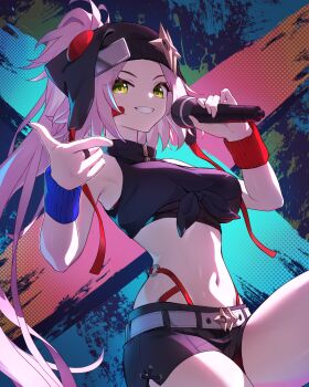 1girl armpit_crease bandaid bandaid_on_cheek bandaid_on_face bare_shoulders beanie belt black_hat black_shirt black_shorts black_sports_bra breasts commentary_request cowboy_shot crop_top finger_gun graffiti green_eyes grin hat high_ponytail highleg highres holding holding_microphone honkai:_star_rail honkai_(series) jewelry large_breasts long_hair looking_at_viewer microphone midriff navel official_alternate_costume parted_bangs pink_hair ponytail rappa_(honkai:_star_rail) rappa_(opening)_(honkai:_star_rail) ring shirt shorts sidelocks sleeveless sleeveless_shirt smile solo sports_bra sweatband teeth tokonagi_yori turtleneck turtleneck_shirt very_long_hair white_belt zipper