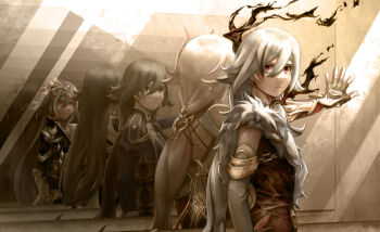 5girls absurdres aqua_gemstone asymmetrical_clothes asymmetrical_sleeves back_cutout bare_shoulders belt black_choker black_dress black_gloves black_hair black_hanfu blue_eyes blue_hair china_dress chinese_clothes choker closed_mouth clothing_cutout collar detached_sleeves different_reflection dress dual_persona earrings eudaemonm fu_hua fu_hua_(azure_empyrea) fu_hua_(onyx_simurgh) fu_hua_(phoenix) fu_hua_(taixuan_impression) fu_hua_(valkyrie_accipiter) fur_trimmed_dress gem gloves gradient_hair grey_hair grin hair_between_eyes hair_ornament hairpin hand_on_wall hand_up hanfu herrscher_of_sentience herrscher_of_sentience_(onyx_simurgh) highres honkai_(series) honkai_impact_3rd jewelry juliet_sleeves long_hair long_sleeves looking_at_viewer low-tied_long_hair low_ponytail mirror mirror_image multicolored_hair multiple_girls official_alternate_costume ponytail puffy_sleeves red_eyes red_hair reflection senti shirt single_bare_shoulder single_earring single_off_shoulder sleeveless sleeveless_dress smile streaked_hair taut_clothes taut_dress turquoise_(gemstone) uneven_sleeves white_dress white_hair white_hanfu white_shirt yellow_belt yellow_pupils