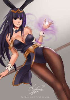 1girl absurdres anianocula animal_ear_hairband animal_ears black_eyes black_leotard black_pantyhose breasts cleavage commentary english_commentary fake_animal_ears fire_emblem fire_emblem_heroes gluteal_fold hairband highres large_breasts leotard long_hair looking_at_viewer magic nintendo pantyhose playboy_bunny rabbit_ear_hairband rabbit_ears solo tharja_(fire_emblem) thigh_gap wrist_cuffs