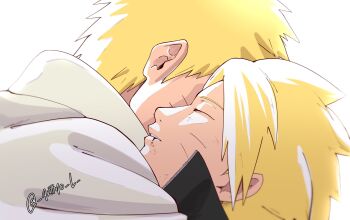 Rule 34 | 2boys, artino l, blonde hair, blood, blood from mouth, boruto: naruto next generations, cape, closed eyes, facial mark, father and son, highres, hug, male focus, multiple boys, naruto (series), twitter username, uzumaki boruto, uzumaki naruto, whisker markings, white cape