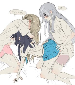 3girls absurdres black_hair blonde_hair blue_skirt blush cho_kaguya-hime! closed_eyes commentary dddoochi1 doggystyle erection facing_another fdd_threesome fellatio futa_with_female futanari grey_hair group_sex hands_on_another's_hips highres kaguya_(cho_kaguya-hime!) kneeling korean_text long_hair looking_at_another multiple_girls oral panties panties_around_leg parted_lips pink_shoes purple_eyes runami_yachiyo sakayori_iroha sex sex_from_behind shirt shoes short_sleeves sketch skirt spitroast sweat threesome translation_request underwear white_background white_shirt
