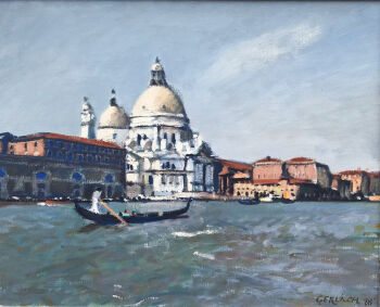 architecture artist_name boat canal commentary crisger dated dated_commentary day dome english_commentary gondola highres italy landscape original outdoors painting_(medium) people real_world_location santa_maria_della_salute scenery sky traditional_media venice water watercraft watermark