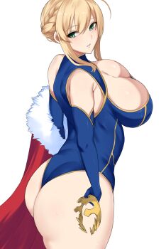 1girl ahoge artoria_pendragon_(fate) artoria_pendragon_(lancer)_(fate) artoria_pendragon_(lancer)_(third_ascension)_(fate) ass blonde_hair blush braid breasts cape cleavage crown elbow_gloves erimiko fate/grand_order fate_(series) from_side fur_trim gloves green_eyes halterneck heattech_leotard highres holding holding_crown huge_ass large_breasts leotard looking_at_viewer red_cape skin_tight skindentation solo sweat swept_bangs thick_thighs thighs turtleneck unworn_cape unworn_crown white_background