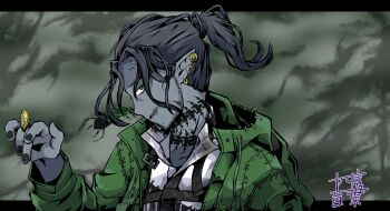 1boy beard centipede_tattoo chinstrap_beard collared_shirt cosplay facial_hair green_eyes highres hood hooded_jacket jacket ktnh14on male_focus mature_male neck_tattoo oogie_boogie oogie_boogie_(cosplay) scar scar_on_face scar_on_forehead scar_on_mouth shirt smile solo stitched_clothes swing_(twisted_wonderland) tattoo the_nightmare_before_christmas twisted_wonderland