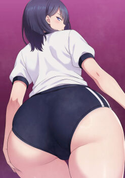 1girl :o alternate_costume ass ass_focus black_buruma black_hair blue_eyes buruma from_behind from_below gridman_universe gym_shirt gym_uniform highres huge_ass looking_at_viewer looking_back medium_hair mibushiro panties panties_under_buruma panty_peek parted_lips puffy_short_sleeves puffy_sleeves purple_background shirt short_sleeves simple_background solo ssss.gridman standing steaming_body takarada_rikka thick_thighs thighs underwear white_panties wide_hips