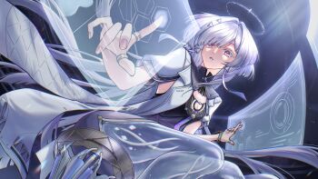 1girl breasts chromatic_aberration cleavage colored_eyelashes commentary earrings fingernails grey_hair hair_intakes halo highres holographic_interface id_card jacket jewelry long_hair mornye_(wuthering_waves) parted_lips red_eyes see-through_body sitting small_breasts solo tim3slayer triangle_earrings turning_head white_jacket wuthering_waves