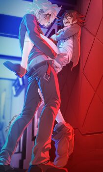 2boys absurdres anal asphyxiation ass belt black_hair bleeding blood blush checkered_clothes checkered_scarf commentary crying crying_with_eyes_open cum cum_in_ass danganronpa_(series) danganronpa_2:_goodbye_despair danganronpa_v3:_killing_harmony english_commentary evil_grin evil_smile flipped_hair grin hair_between_eyes highres hope's_peak_academy_school_uniform i_cho_(okdrsutsu) indoors jacket komaeda_nagito long_sleeves male_focus medium_hair messy_hair multiple_boys oma_kokichi open_belt open_clothes open_jacket open_mouth pants pants_around_one_leg partially_shaded_face rape saliva scared scarf school_uniform sex sharp_teeth shirt short_hair size_difference smile snot standing standing_sex strangling tears teeth twitter_username two-tone_scarf white_hair white_shirt wide-eyed yaoi