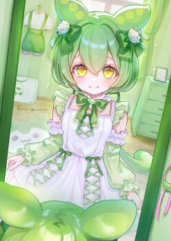 1girl absurdres blush bow clip_studio_paint_(medium) closed_mouth commentary_request curtains day detached_sleeves dress frilled_sleeves frills fuyu_(xxfylia) green_bow green_hair green_shorts green_sleeves hair_between_eyes hair_bow hair_intakes highres indoors lolita_fashion long_sleeves puffy_long_sleeves puffy_sleeves reflection shirt shorts signature smile solo sunlight suspender_shorts suspenders unworn_shirt unworn_shorts voicevox white_dress white_shirt window yellow_eyes zundamon