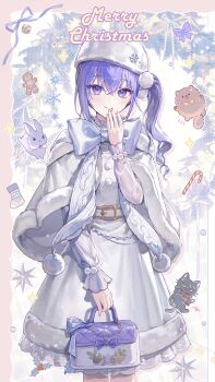 1girl absurdres bag bell blue_eyes blue_hair blue_ribbon bow candy candy_cane capelet cat commentary_request covering_own_mouth dress feet_out_of_frame food fur-trimmed_capelet fur-trimmed_dress fur_trim hand_over_own_mouth hat hat_ornament highres holding holding_bag idolmaster idolmaster_shiny_colors jingle_bell light_smile long_sleeves looking_at_viewer merry_christmas pastel_colors pom_pom_(clothes) qinglai_haiji rabbit ribbon side_ponytail snowflake_hat_ornament solo suzuki_hana white_capelet white_dress white_hat