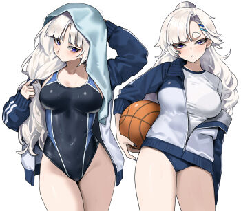 1girl asymmetrical_bangs ball basketball_(object) black_nails black_one-piece_swimsuit blue_hood blue_jacket blue_one-piece_swimsuit blue_shorts breasts carrying carrying_under_arm character_request check_character closed_mouth commentary_request cowboy_shot hair_ornament hairpin holding holding_ball hood hooded_jacket jacket jacket_over_sportswear large_breasts long_hair looking_at_viewer meg_(wakamepiza) multicolored_jacket multiple_hairpins multiple_views one-piece_swimsuit original parted_lips partially_unzipped purple_eyes removing_jacket shirt short_shorts shorts simple_background sportswear swimsuit thick_eyebrows two-tone_one-piece_swimsuit wakamepiza white_background white_hair white_jacket white_shirt