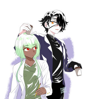 2girls black_hair black_shirt cinder_fall coat commentary cup cup_on_head dark-skinned_female dark_skin disposable_cup earrings emerald_sustrai english_commentary eyepatch green_hair green_shirt hair_over_one_eye highres holding holding_cup holding_pencil jacket jewelry kyrus_hiki light_blush looking_at_another multiple_girls pencil purple_jacket red_eyes rwby scar scar_on_face shirt short_hair signature turtleneck white_background white_coat yellow_eyes