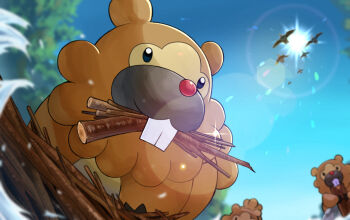 beak bidoof bird black_sclera blue_sky buck_teeth chama_(user_vzca7588) clear_sky colored_sclera commentary_request day flying gen_4_pokemon lens_flare nintendo no_humans outdoors pokemon pokemon_(creature) pokemon_focus red_nose river rock sky starly stick teeth tree water