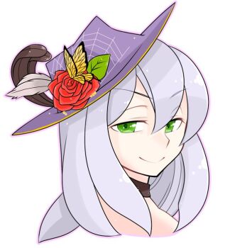 Rule 34 | 1girl, brown choker, bug, butterfly, choker, closed mouth, commentary request, flower, green eyes, grey hair, hat, hat feather, hat flower, insect, long hair, looking at viewer, oekakipikki, portrait, purple hat, ragnarok online, red flower, red rose, rose, shadow chaser (ragnarok online), silk, simple background, smile, smug, solo, spider web, v-shaped eyebrows, white background, yellow butterfly