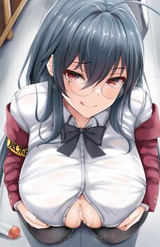 1girl absurdres armband azur_lane black_hair breasts closed_mouth cum cum_on_body cum_on_breasts cum_on_upper_body from_above glasses highres licking_lips long_hair looking_at_viewer naughty_face paizuri penis red_eyes renetan shirt smile solo taihou_(azur_lane) taihou_(sweet_time_after_school)_(azur_lane) tongue tongue_out white_shirt yellow_armband