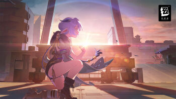 1girl absurdres black_boots blue_hair boots braid clenched_hand game_cg goat_girl goat_horns highres horns long_hair lucia_elowen official_art on_one_knee pointy_ears solo sunset thighs zenless_zone_zero