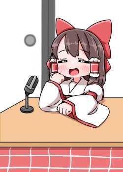 1girl blush bow brown_hair closed_eyes commentary_request detached_sleeves frilled_hair_tubes frills fusuma hair_bow hair_tubes hakurei_reimu highres kotatsu long_hair microphone open_mouth red_bow roco_(katsuya1011) sliding_doors smile solo table textless_version touhou under_kotatsu under_table