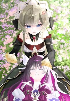 Rule 34 | 0ninj1n, 2girls, anger vein, bare shoulders, black collar, black hair, black sleeves, blue eyes, blush, bonnet, breasts, brown hair, closed eyes, collar, columbina (genshin impact), detached collar, detached sleeves, dress, eye mask, field, flower, flower field, gem, genshin impact, girl on top, gloves, hair ornament, hair ribbon, hand on another's face, head wings, headdress, highres, long hair, long sleeves, looking at another, lying, lying on another, mask, multicolored hair, multiple girls, multiple wings, on back, open mouth, purple hair, purple streaks, red gem, ribbon, sandrone (genshin impact), see-through clothes, see-through mask, short hair, short hair with long locks, sidelocks, sitting, sleeping, sleeping on person, smile, streaked hair, two-tone hair, very long hair, white dress, white headdress, white mask, white wings, wing hair ornament, wings, x-shaped eyewear, yuri
