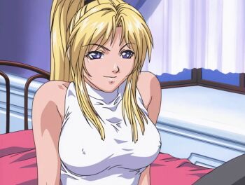 00s 1girl 2001 animated animated_gif bed bedroom bible_black bible_black_night_of_the_walpulgiss blonde_hair breasts curtains curvy large_breasts long_hair panties purple_eyes saeki_kaori sitting skirt smile socks spread_legs tagme underwear