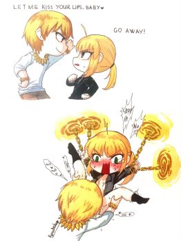 Rule 34 | 1boy, 1girl, artist request, artoria pendragon (fate), bdsm, blonde hair, bondage, bound, chain, cunnilingus, fate/grand order, fate (series), female focus, gilgamesh (fate), oral, simple background, spread legs, white background