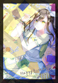 1girl absurdres aqua_feathers artist_name artist_request back_bow black_border blue_feathers blush book border bow bracelet breasts brown_eyes brown_hair checkered_clothes checkered_skirt collarbone collared_dress curly_hair dress feathers female_focus floating_hair flower flower_bracelet flower_print food frilled_skirt frills glasses goodnight_everyone! goodnight_everyone_(love_live!) hair_between_eyes hair_bow highres jewelry kunikida_hanamaru light_brown_hair long_hair looking_at_viewer love_live! love_live!_school_idol_festival love_live!_sunshine!! miniskirt multicolored_skirt nail_polish oyasumina-san! oyasumina-san_(love_live!) parted_lips plaid_clothes plaid_dress plaid_skirt pleated pleated_dress pleated_skirt polka_dot polka_dot_scrunchie polka_dot_skirt puffy_short_sleeves puffy_sleeves scrunchie short_sleeves skirt small_breasts smile solo star_(symbol) star_print triangle_print wavy_hair white_bow white_flower wing_collar yellow_background yellow_dress yellow_eyes yellow_flower yellow_nail_polish yellow_nails yellow_scrunchie