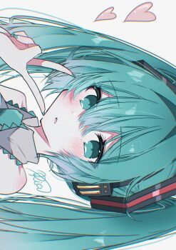 Rule 34 | 1girl, aqua eyes, aqua hair, aqua nails, aqua necktie, aqua trim, bare shoulders, blush, collared shirt, commentary request, fingernails, grey shirt, hair between eyes, hair ornament, hand up, hatsune miku, headphones, heart, highres, looking at viewer, necktie, open mouth, portrait, ria art, shirt, sideways, signature, simple background, sleeveless, sleeveless shirt, solo, thick eyelashes, twintails, v, vocaloid, white background
