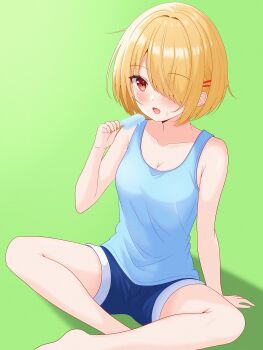 Rule 34 | 1girl, absurdres, alternate costume, arms behind back, bare arms, blonde hair, blue shirt, blue shorts, blush, breasts, casual, cleavage, collarbone, eyelashes, food, foot out of frame, green background, hair intakes, hair ornament, hair over one eye, hairclip, hand up, heaven burns red, highres, holding, holding food, holding popsicle, hot, indian style, kayamori ruka, long bangs, looking at viewer, luck hebuban, medium breasts, melting popsicle, one eye covered, open mouth, parallel hairclips, popsicle, red eyes, shirt, short hair, shorts, simple background, sitting, sleeveless, sleeveless shirt, solo, sweat, sweatdrop, thighs