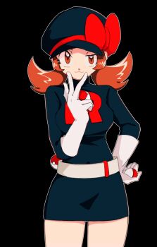 1girl black_background black_dress black_hat bow brown_eyes brown_hair closed_mouth dress gloves hand_on_own_hip hat hat_bow highres holding holding_poke_ball looking_at_viewer lyra_(pokemon) newsboy_cap nintendo outline poke_ball poke_ball_(basic) pokemon pokemon_hgss r7defdupyt83820 red_bow solo team_rocket team_rocket_uniform twintails w w_over_mouth white_gloves white_outline