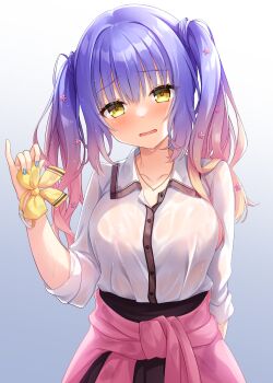 1girl absurdres arm_behind_back blue_hair blue_nails blush bow bowtie breasts brown_skirt cardigan cardigan_around_waist clothes_around_waist collarbone collared_shirt cowboy_shot embarrassed eyelashes eyes_visible_through_hair frown gradient_hair grey_background gyaoo_yuzu_soft gyaru hair_between_eyes hair_over_shoulder hand_up head_tilt high-waist_skirt highres holding holding_unworn_clothes jewelry kogal kohibari_kurumi large_breasts long_hair long_sleeves looking_at_viewer mizuka_academy_school_uniform multicolored_hair multicolored_nails nail_polish necklace no_bra open_mouth pink_hair pink_sweater pinky_out raised_eyebrows school_uniform see-through_clothes see-through_shirt shirt sidelighting simple_background skirt sleeves_rolled_up solo standing straight-on sweater tenshi_souzou_re-boot! third-party_source twintails twintails_with_hair_base unworn_bowtie variant_set wavy_hair wet wet_clothes wet_hair wet_shirt white_shirt yellow_bow yellow_bowtie yellow_eyes yellow_nails