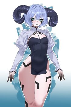 1boy abstract_background absurdres aqua_eyes blue_background blue_hair blue_horns closed_mouth cowboy_shot dress eyebrows_hidden_by_hair feet_out_of_frame gradient_background highres horns kanoji_(ni_kanojo) looking_at_viewer markings medium_hair open_hands original pale_skin sheep_horns short_eyebrows shrug_(clothing) solo thick_thighs thighs trap wide_hips