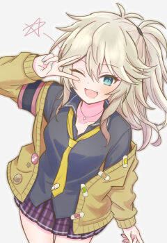 1girl ;d antenna_hair arm_at_side armband bandaid bandaid_on_clothes black_armband black_shirt blonde_hair blue_eyes blue_nails blush breasts cardigan collarbone collared_shirt commentary cowboy_shot fang grey_background gyaru hair_between_eyes hand_up highres jewelry kasukabe_tsumugi kogal long_hair long_sleeves looking_at_viewer loose_necktie magatama magatama_necklace medium_breasts miniskirt mole mole_under_eye nail_polish necklace necktie off_shoulder one_eye_closed one_side_up open_cardigan open_clothes open_mouth plaid_clothes plaid_skirt pleated_skirt purple_skirt shiro_noe shirt sidelocks simple_background skirt smile solo v v_over_eye voicevox yellow_cardigan yellow_necktie