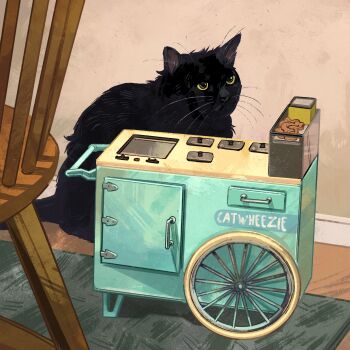 absurdres animal animal_focus black_cat cat catwheezie chair commentary english_commentary highres indoors no_humans original vending_cart wooden_chair