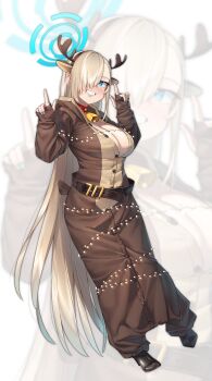 1girl absurdres animal_costume animal_ears antlers asuna_(blue_archive) bell blonde_hair blue_archive blue_halo blush breasts brown_suit choker cleavage cosplay fake_animal_ears fake_horns fingerless_gloves formal_clothes gloves grin hair_over_one_eye halo highres horns kigurumi large_breasts long_hair looking_at_viewer mole mole_on_breast neck_bell pointing pointing_at_viewer reindeer_antlers reindeer_costume smile solo suit very_long_hair walking_nakta