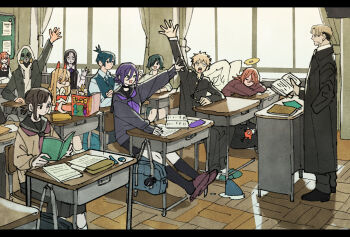 5boys 6+girls alternate_costume angel angel_devil_(chainsaw_man) angel_wings arm_up bag beam_(chainsaw_man) black_coat black_eyes black_hair black_jacket black_sailor_collar black_serafuku black_shoes black_skirt black_socks blonde_hair blue_hair book bow bowtie brown_cardigan brown_slippers cardigan chainsaw_man classroom closed_eyes closed_mouth coat commentary cross-shaped_pupils curtains demon_horns denji_(chainsaw_man) desk eraser eyepatch gakuran gas_mask green_eyes green_shoes hair_bun halo hand_in_pocket hand_up hayakawa_aki higashiyama_kobeni highres himeno_(chainsaw_man) holding holding_book hood hood_up hoodie horns jacket kishibe_(chainsaw_man) lectern letterboxed long_hair looking_at_another makima_(chainsaw_man) mask mole mole_under_mouth multiple_boys multiple_girls neckerchief notebook one_eye_covered open_book open_hand open_mouth orange_eyes paper pleated_skirt pochita_(chainsaw_man) ponytail power_(chainsaw_man) princi_(chainsaw_man) purple_hair purple_neckerchief reading red_bow red_bowtie red_hair red_jacket reze_(chainsaw_man) sailor_collar school_bag school_desk school_uniform scrunchie serafuku shirt shoes short_hair short_ponytail single_hair_bun sitting skirt sleeping slippers smile socks spiked_hair stitched_face stitches symbol-shaped_pupils takeuchi_ryousuke topknot trench_coat violence_fiend_(chainsaw_man) white_hoodie white_shirt window wings wrist_scrunchie yellow_halo