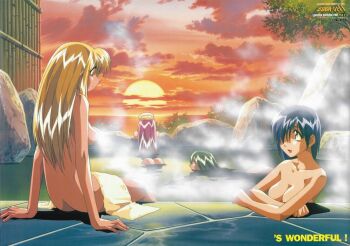 4girls ass back bathing blonde_hair blue_hair breasts burn-up burn-up_w cloud cloudy_sky completely_nude day green_hair jinguu_maya kawazaki_maki kinezono_rio large_breasts lilica_evett long_hair multiple_girls non-web_source nude official_art onsen open_mouth orange_sky outdoors partially_submerged pink_hair profile same-sex_bathing shared_bathing sky soaking_feet steam sun sunset towel towel_on_head towel_on_legs water