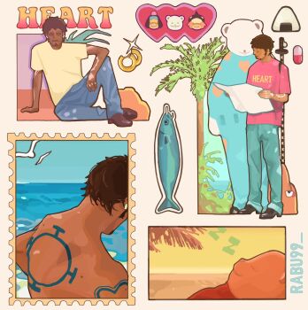 2boys artist_name back back_tattoo backpack bag bag_charm beach bepo_(one_piece) bird black_hair black_shoes blue_pants blue_shirt border character_charm charm_(object) chibi chibi_inset collage collage_background denim earrings english_text facial_hair fish food goatee heart heart_print highres holding holding_map jeans jewelry katana loafers long_sideburns long_sleeves map map_(object) multiple_boys no_eyes ocean one_piece onigiri outside_border palm_tree pants pill postage_stamp rabu99 seagull shirt shoes sideburns sitting sky sleeping standing sword sword_on_back t-shirt tattoo text_print trafalgar_law tree weapon weapon_on_back white_border yellow_shirt zzz